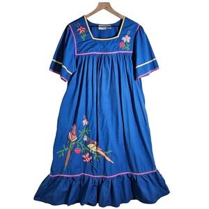 Vintage Loungees Muumuu Appliqued Dress 1X Blue‎ Bird Parrot Tropical